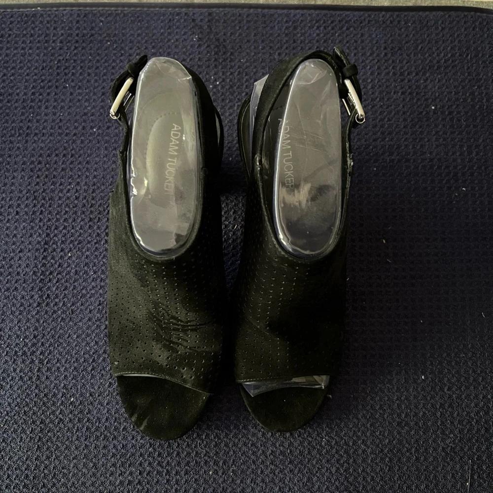 Adam Tucker Black Suede Block Heel Sandals